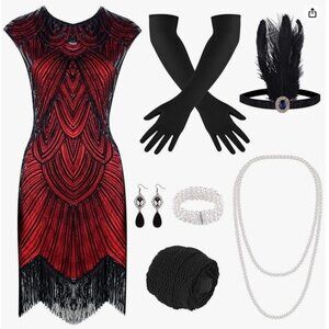 1920s Flapper Dress Dark Red Sequin Fringe Gatsby Costume Sz Large w Accessories